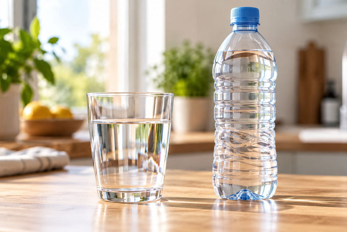 Glas kraanwater naast een plastic fles mineraalwater op een houten aanrecht in een lichte keuken.