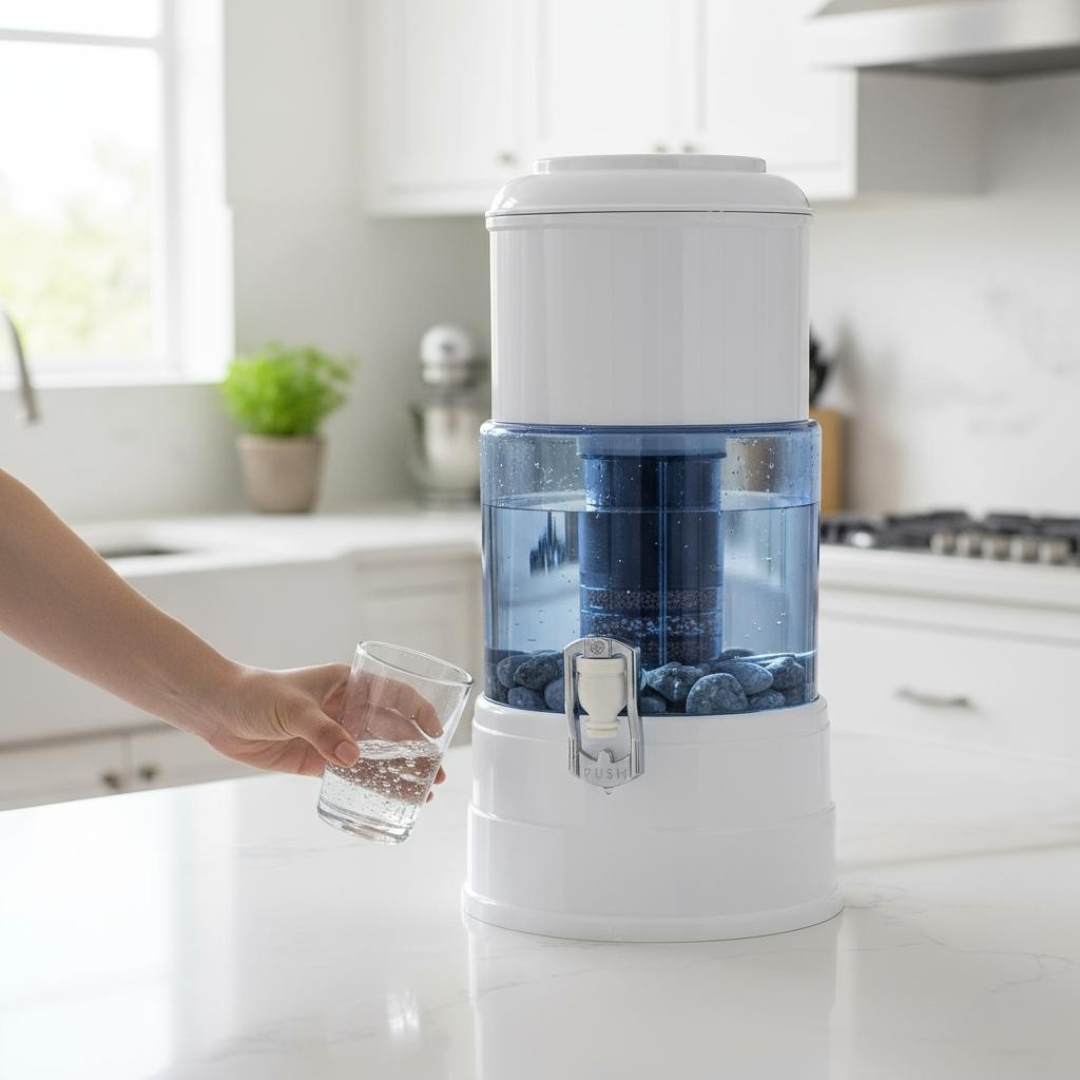 Iemand tapt water uit een Aqualine waterfilter op een aanrechtin een glas
